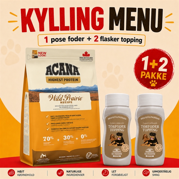 Menu til kræsne hunde - Acana hundefoder & Avlskovgaard topping med kylling