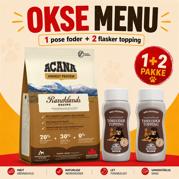 Menu til kræsne hunde - Acana hundefoder & Avlskovgaard topping med okse