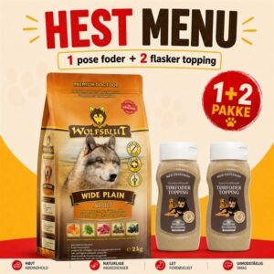 Menu til kræsne hunde - Wolfsblut hundefoder & Avlskovgaard topping med hest